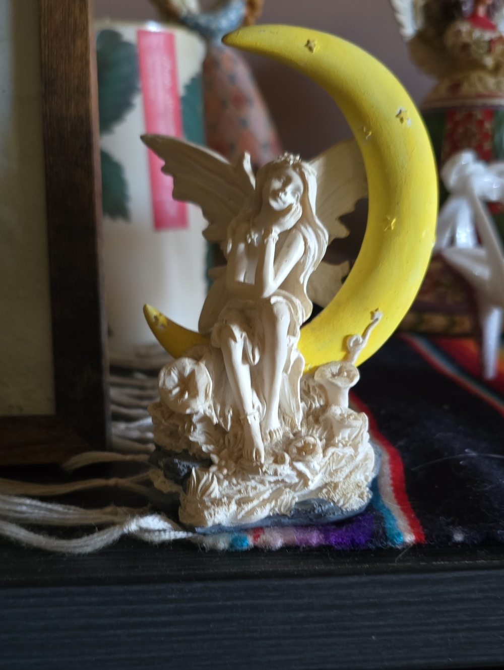 Cream Fairy Figurine on Yellow Crescent Moon - Home Art Décor